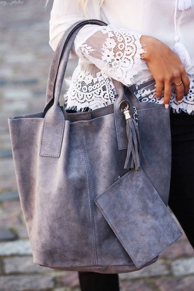 Torebka damska shopper zamszowa Vera Pelle L82 granatowa